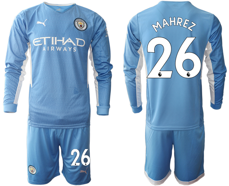 Men 2021-2022 Club Manchester city home Light blue Long Sleeve #26 Soccer Jersey
